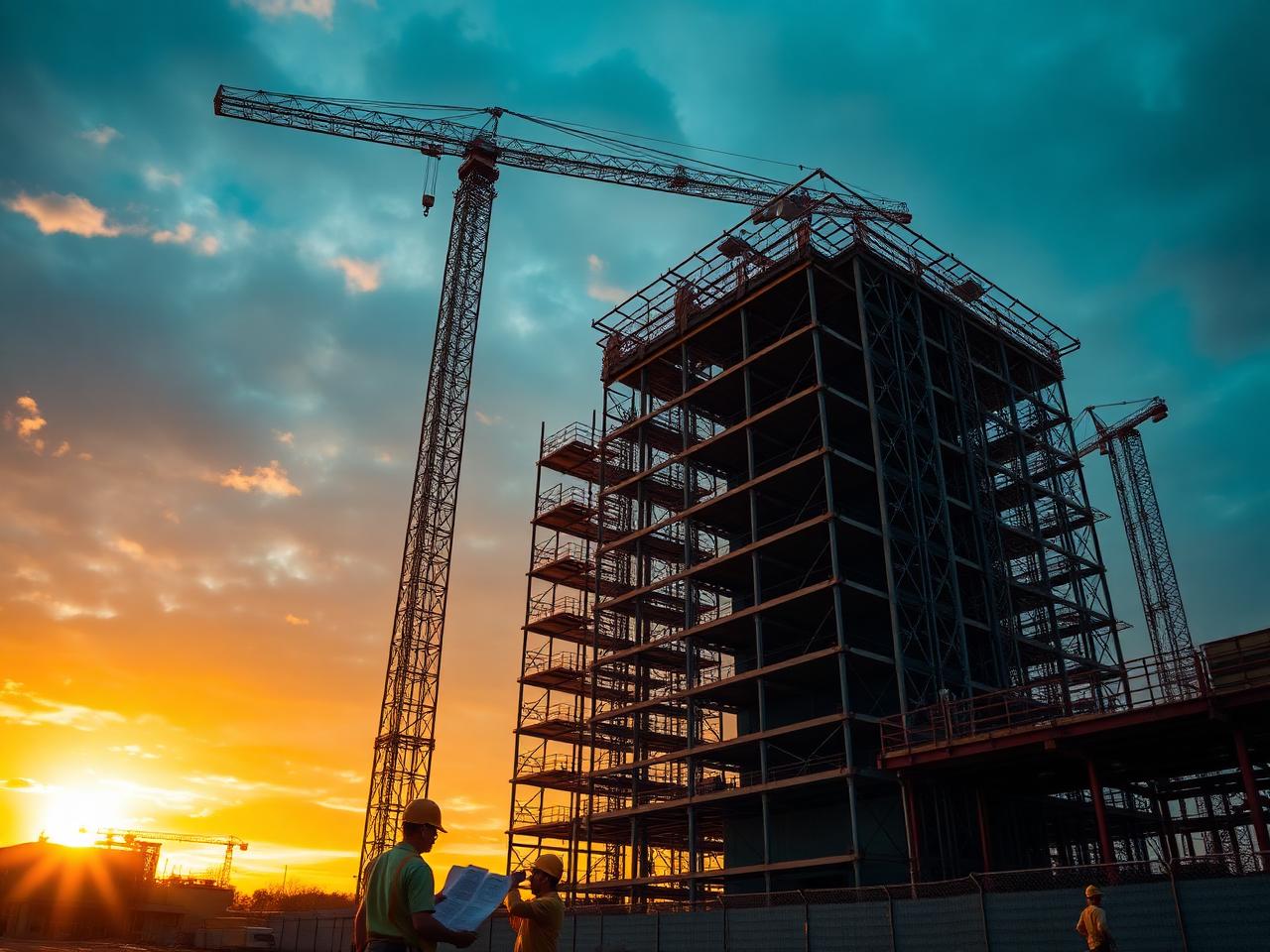 DP CONSTRUCTION engineers reviewing plans at a high-rise construction site